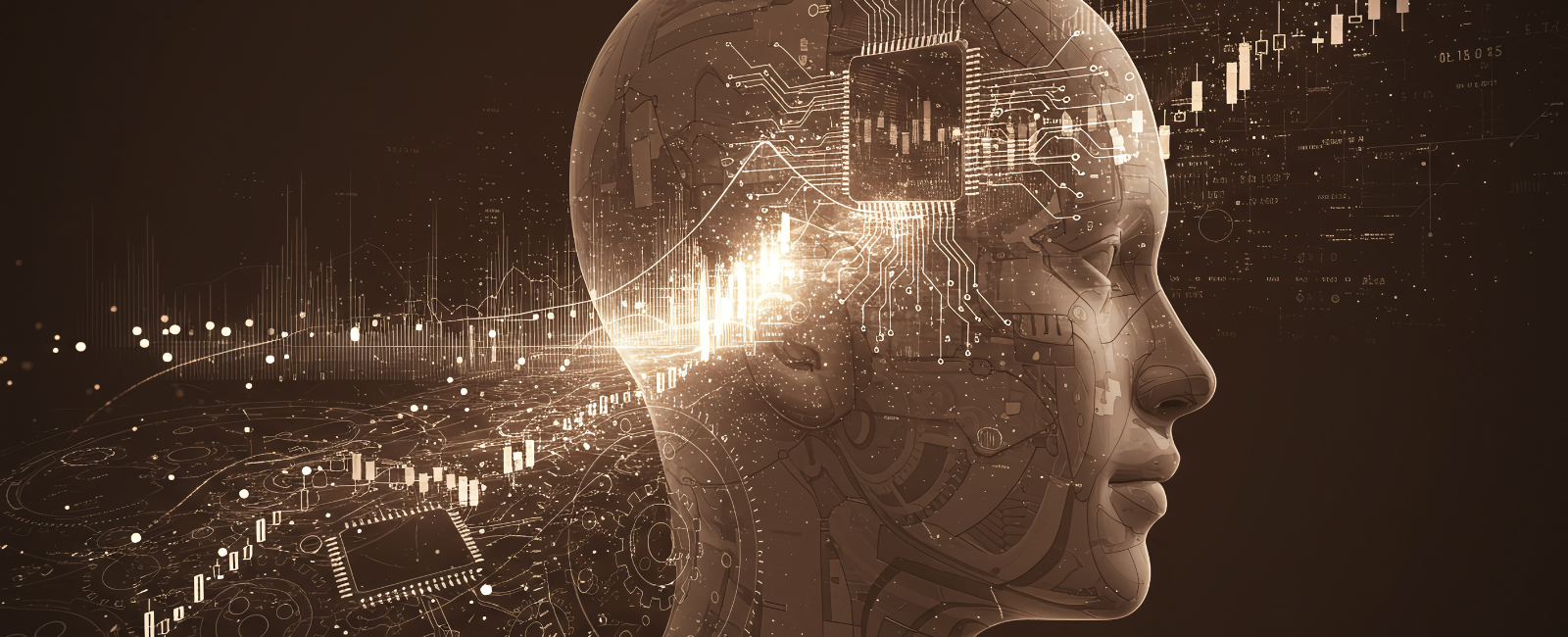 A conceptual digital illustration in sepia tones featuring a human profile integrated with advanced circuitry and a glowing CPU, set against a backdrop of complex data visualizations and financial bar charts. This represents the intersection of AI technology and the innate human endeavor of marketing to build trust and emotional connection.