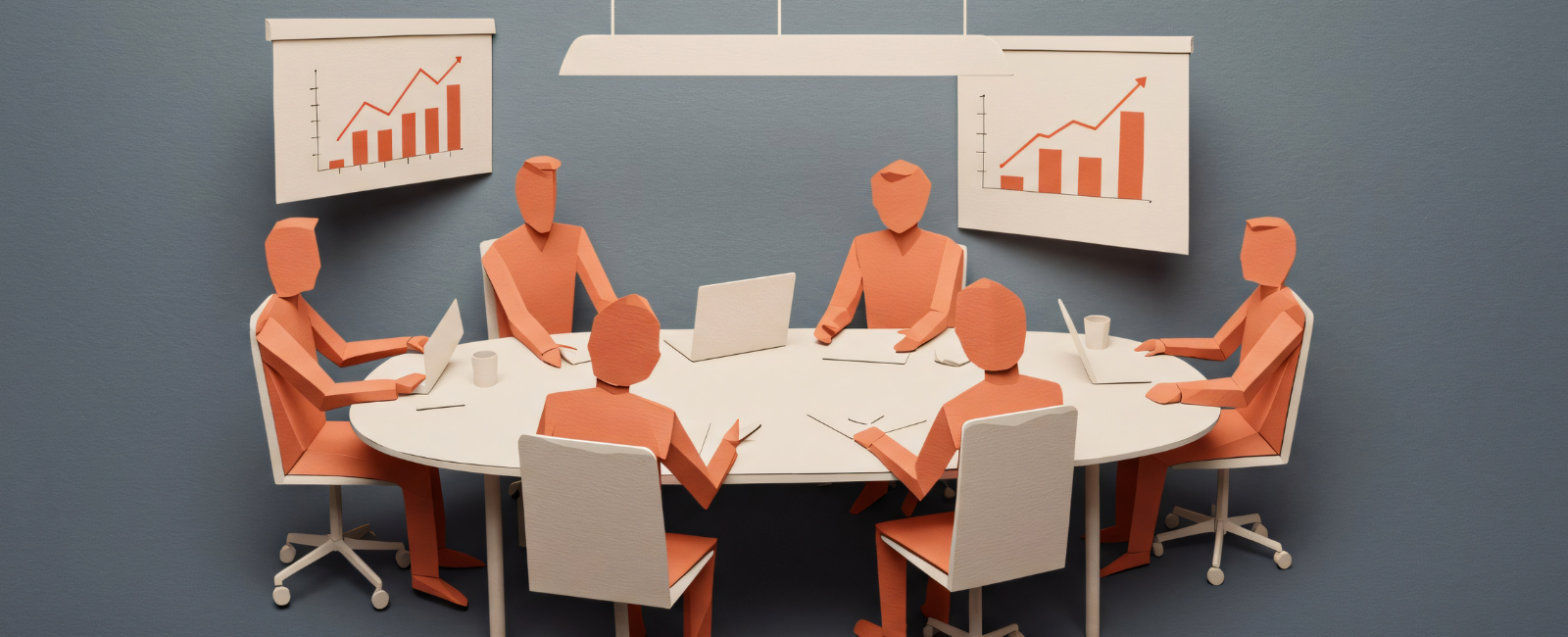 A stylized paper-craft illustration of a boardroom meeting with orange figures seated around an oval table, featuring charts in the background showing upward growth trends. This visual represents senior marketing leaders discussing strategic branding as a foundational priority for long-term growth in 2026.